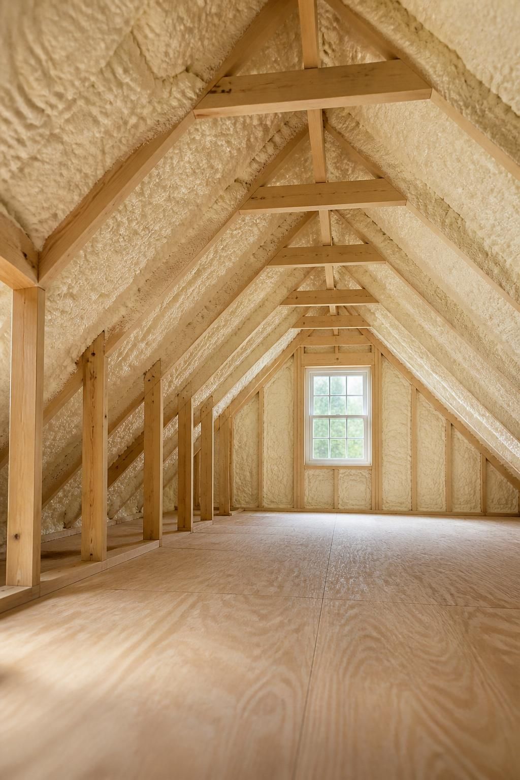 Finished insulated attic space with clean framing and soft natural light.