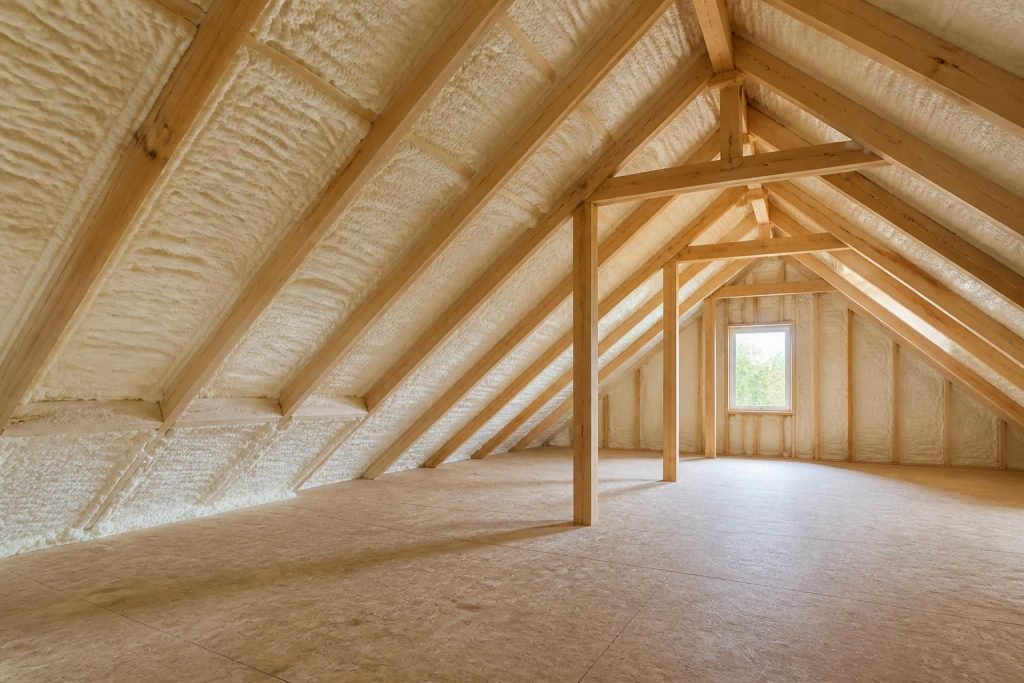 Modern attic with freshly installed spray foam insulation and natural light.